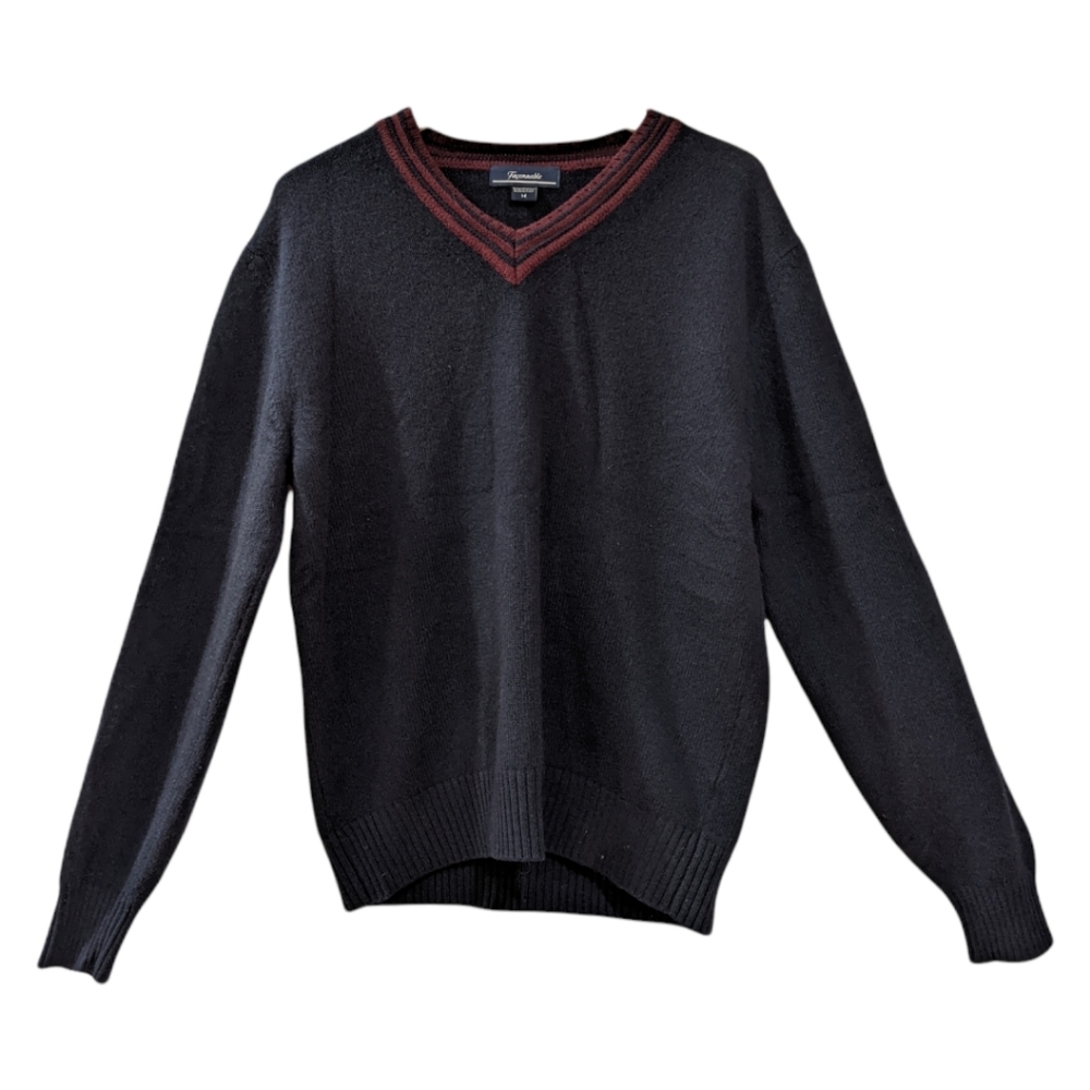 Vintage Faconnable Italy Men's Merino Wool & Cashmere Black VNeck Sweater Size M
